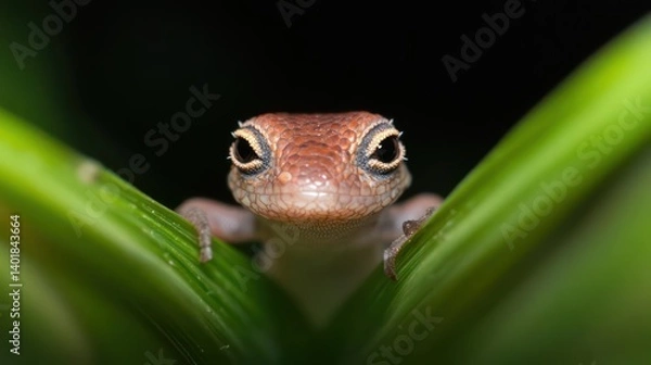 Fototapeta A close-up captures a small, brown gecko perched on vibrant green stalks against a dark background. The shallow depth of field highlights the gecko's head and distinctive eyes