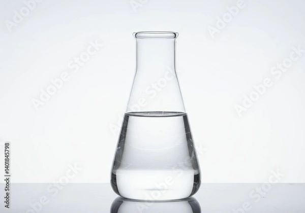 Fototapeta A clear erlenmeyer flask filled with a transparent liquid sitting on a reflective surface indoors