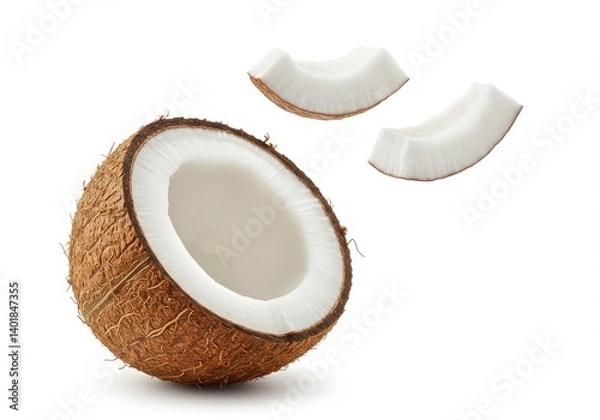Fototapeta A halved coconut with two coconut pieces isolated on a plain white studio background close up view