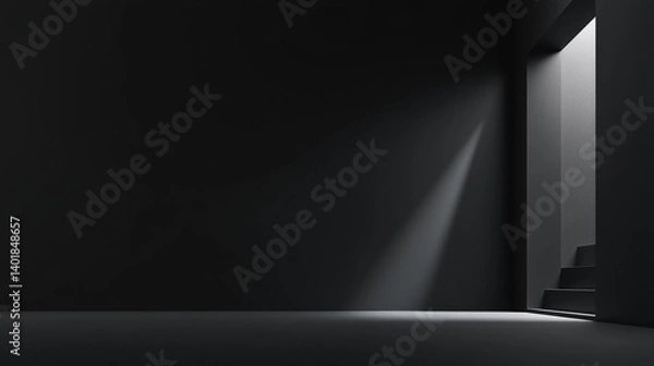 Fototapeta A minimalist scene featuring a dark room with a doorway illuminated by light, creating a contrast between shadow and brightness.