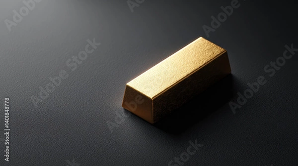Fototapeta A shiny gold bar rests on a textured black surface, reflecting light and showcasing its polished surface.