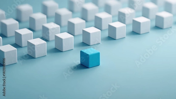 Fototapeta A striking image featuring a single blue cube standing out among numerous white cubes on a soft blue background, symbolizing individuality and uniqueness.