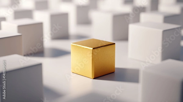 Fototapeta A singular golden cube stands out amidst a field of white cubes, symbolizing uniqueness and value in a minimalist design.