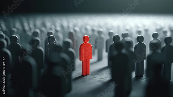 Fototapeta A striking visual of a red figure standing out among numerous gray figures, symbolizing individuality and distinction in a crowd.