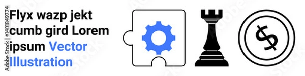 Fototapeta Puzzle piece with gear, chess rook, and coin with dollar sign represent problem-solving, strategy, and financial planning. Ideal for business, teamwork, decision-making, growth innovation finance