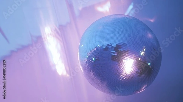 Fototapeta Shimmering disco ball reflecting colorful lights against a soft, pastel backdrop