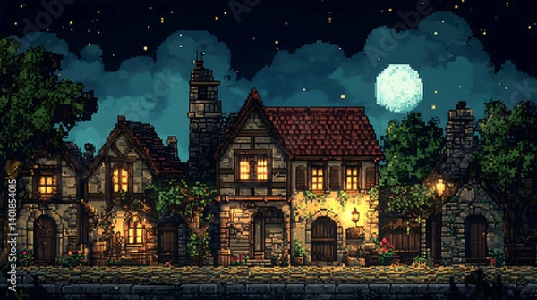 Obraz Pixel Art of a Quaint Village at Night under Moonlight Featuring Stone Houses and Trees in Night Sky