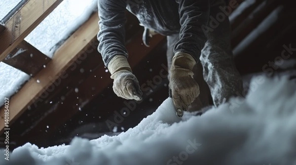 Fototapeta Insulation technician installing fiberglass batts in a home attic. Featuring efficiency and energy savings
