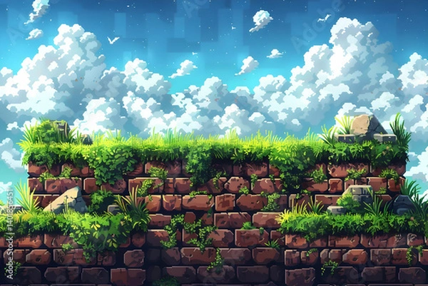 Obraz Pixel Art of Ancient Stone Wall Overgrown with Greenery Under a Bright Cloudy Sky Rural Scene