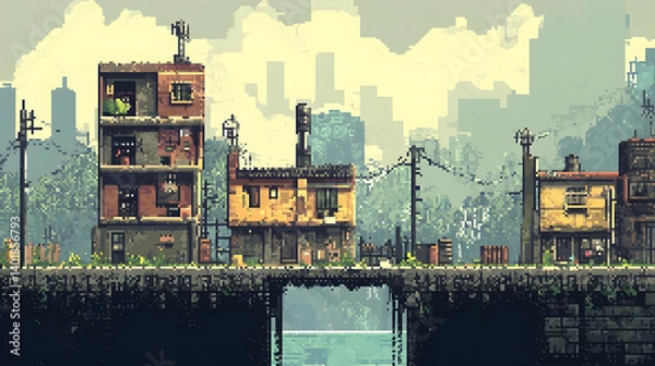 Fototapeta Pixel Art of Dilapidated Buildings in a Post Apocalyptic Urban Landscape with a Grunge Texture and Distant Cityscape
