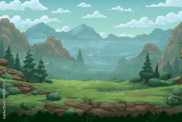 Obraz Pixel Art of Mountainous Landscape with Green Forest and Cloudy Sky in Daytime