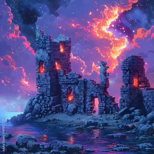 Obraz Pixel Art of Old Castle Ruins on Rocky Coastline with Dramatic Evening Sky and Reflections on Water