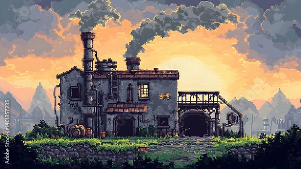 Obraz Pixel Art of Old Factory Building at Sunset with Smoke Rising against an orange sky
