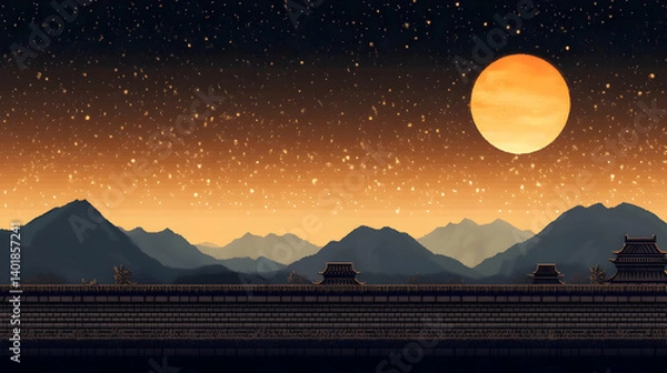 Obraz Pixel Art of Mountain Landscape with Orange Moon and Starry Sky at Night with Buildings Silhouette in a Serene and Tranquil Atmosphere