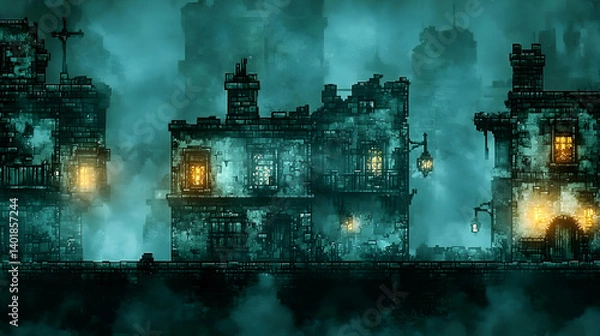 Obraz Pixel Art Of Old Dark Cityscape With Fog and Architectural Buildings With Yellow Light Lanterns