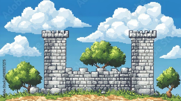 Obraz Pixel Art of Old Stone Castle Ruins with Lush Green Trees and Puffy White Clouds Against a Bright Blue Sky Serene Outdoor Landscape