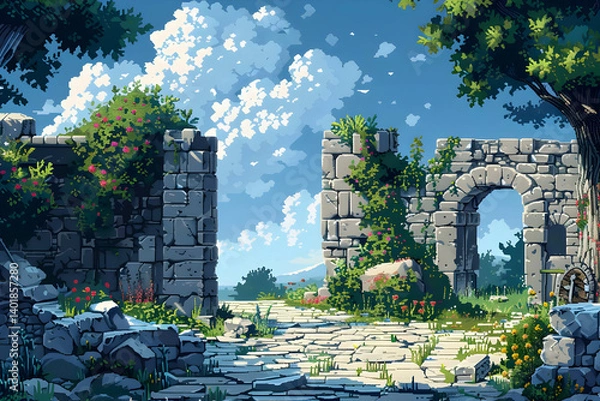Obraz Pixel Art of Old Stone Ruins Under a Partly Cloudy Blue Sky Featuring Vines and Flowers in an Outdoor Setting With Landscape