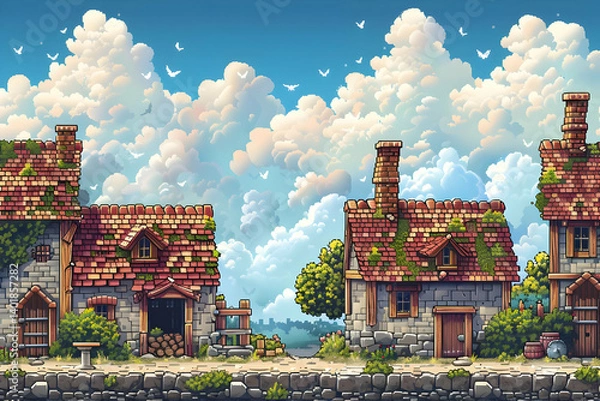 Obraz Pixel Art of Old Stone Village Buildings with Red Brick Roofs Under Fluffy White Clouds and a Blue Sky Creates a Retro Gaming Scene