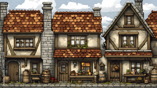 Obraz Pixel Art of Old Stone Village Houses with Brown Tiled Roofs and Cobblestone Streets in European Style Under Cloudy Sky