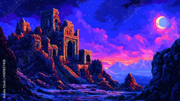 Obraz Pixel Art of Ruined Castle Landscape at Night with Moon Stars and Sky in Purple Blue and Orange Colors