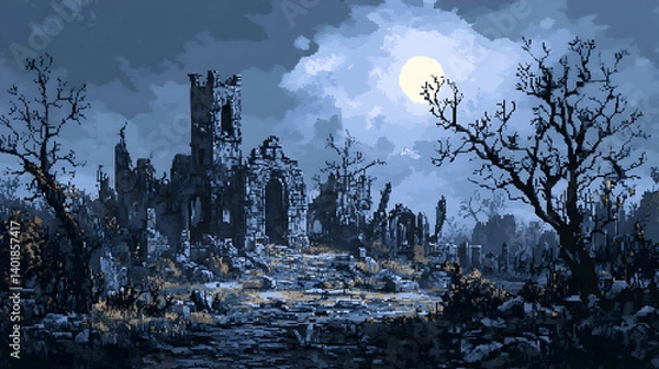 Fototapeta Pixel Art of Ruined Castle Under Moonlight in Dark Blue and Gray Tones with Bare Trees Reflecting in Water