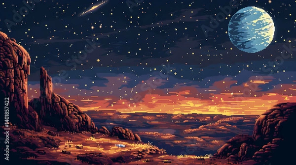 Obraz Pixel Art of Rocky Landscape with Orange Hues Under Starry Night Sky and Distant Planet at Dusk