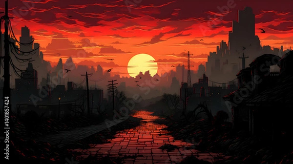 Obraz Pixel Art of Ruined City at Fiery Sunset with Dramatic Skies and Gritty Textures Retro Aesthetic with a Dark and Atmospheric Urban Scene