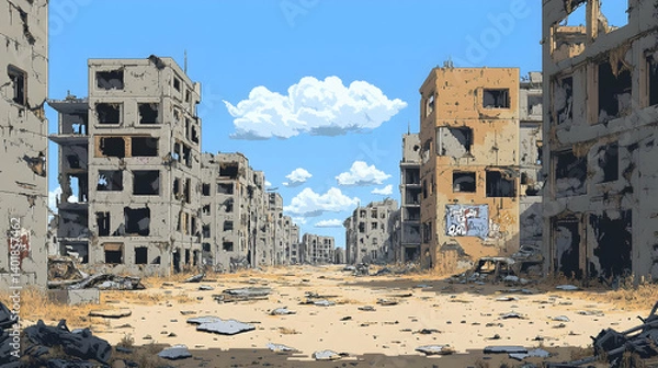 Obraz Pixel Art of Ruined Cityscape with Decayed Buildings Under Blue Sky and Scattered Debris on Ground During Daytime