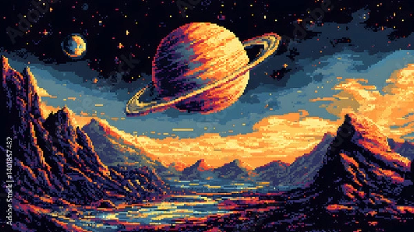 Obraz Pixel Art of Saturn Planet with Rings Over Alien Landscape at Night Sky with Glowing Stars and Distant Planet
