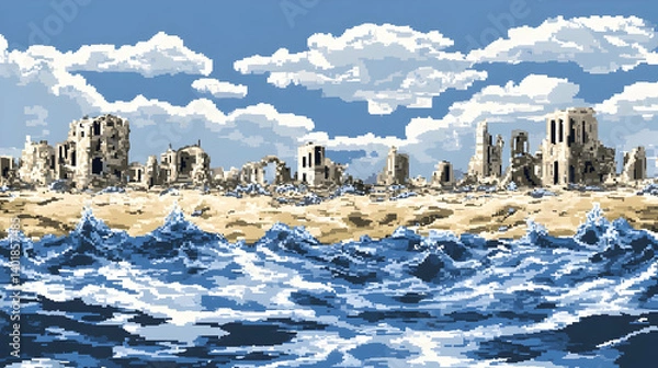 Fototapeta Pixel Art of Seaside Ruins at Blue Ocean Beach Under Cloudy Sky