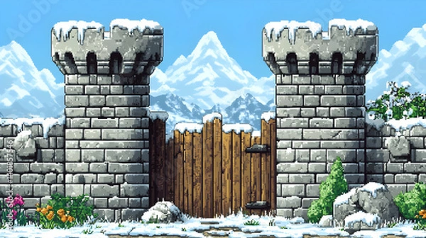 Obraz Pixel Art of Snowy Castle Gate with Mountain Scenery in Winter Landscape with Stone Walls and Wooden Door