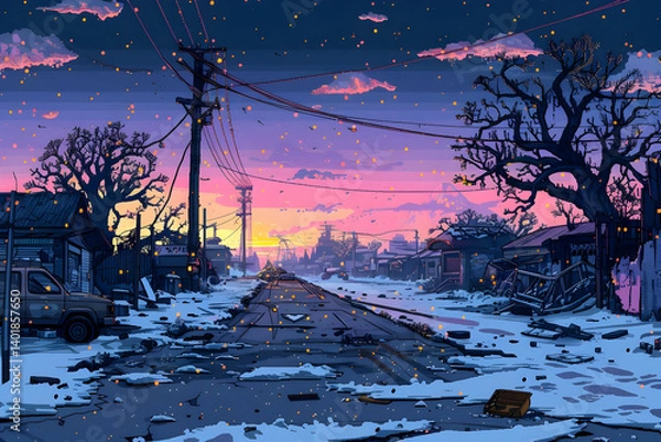 Obraz Pixel Art of Snowy Street with Sunset Sky and Trees in a Winter Landscape with Road and Electrical Poles in the Background