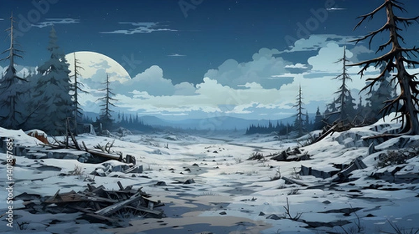Obraz Pixel Art of Snowy Winter Landscape with Trees Under Moonlight in Hazy Sky