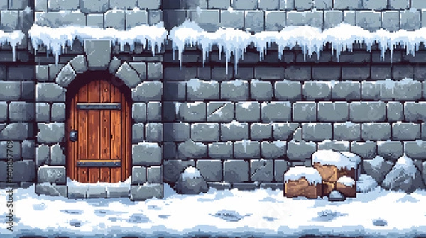 Obraz Pixel Art of Snowy Stone Wall with Wooden Door and Snow Covered Ground on a Winter Day