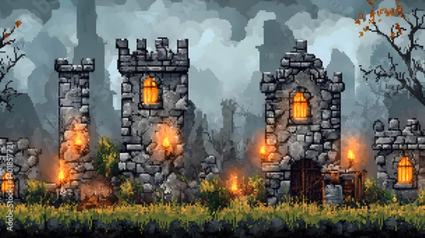 Obraz Pixel Art of Stone Castle Ruins with Lit Windows Amidst Grassy Field and Moody Sky in Fantasy Landscape