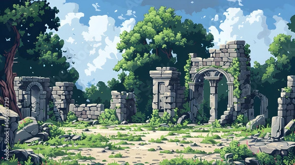 Obraz Pixel Art of Stone Ruins Among Green Trees and Grass Under a Blue Sky With Weathered Walls and Ancient Archways