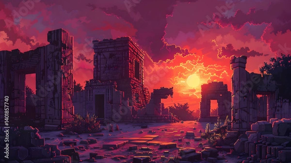 Obraz Pixel Art of Stone Ruins at Sunset in Ancient City Landscape with Bright Orange Sky and Trees Background