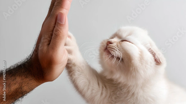 Fototapeta Gentle High Five, A Tender Moment of Affection and Connection Shared Between Human and a Soft, White Kitten