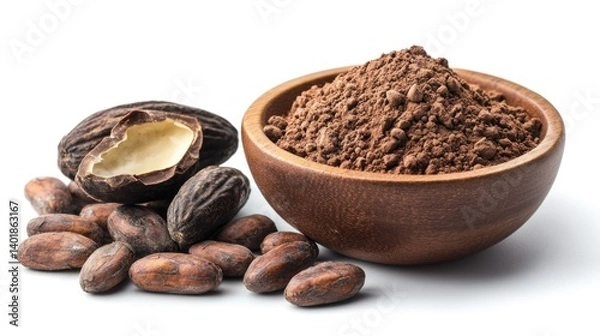 Fototapeta Cocoa powder and beans.  A wooden bowl of cocoa powder sits next to cocoa beans, one split open to reveal the inner bean
