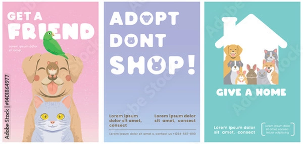 Fototapeta pet adoption template for poster flyer cover. get a friend dog, cat, rabbit, bird, hamster.