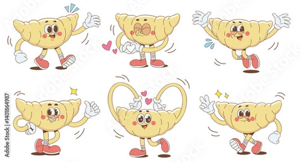 Fototapeta Retro groovy croissant cartoon set. pastry bakery mascot with various poses. for branding, packaging, printing, products, labels