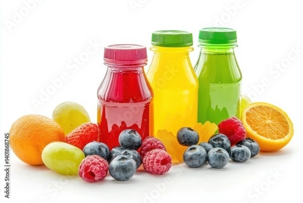 Obraz White background showcasing a children's lunch pack, juice, and snack.