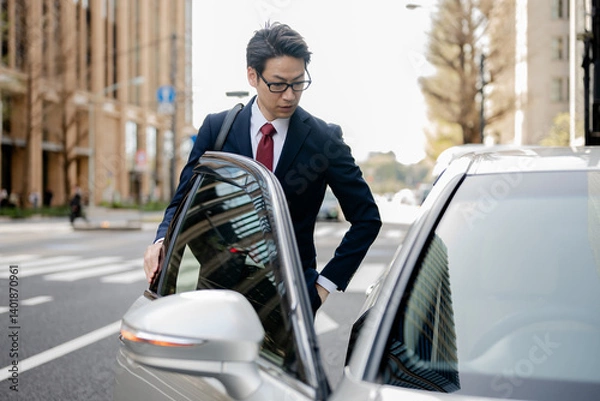 Fototapeta 車とスーツを着たビジネスマン