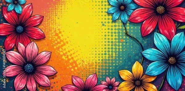 Fototapeta Colorful halftone pattern with bold pop art overlay on a vibrant floral background, texture, print