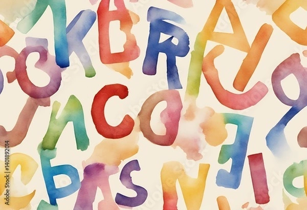 Fototapeta background educational font children watercolor repeat seamless drawn abc kids pattern hand paper endless school rainbow nursery beige alphabet print letters cartoon text wrapping design creative