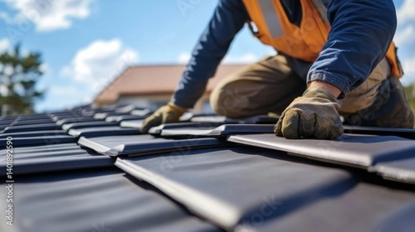 Fototapeta Roofing worker installing roof tiles in a new house. Featuring precision and skill