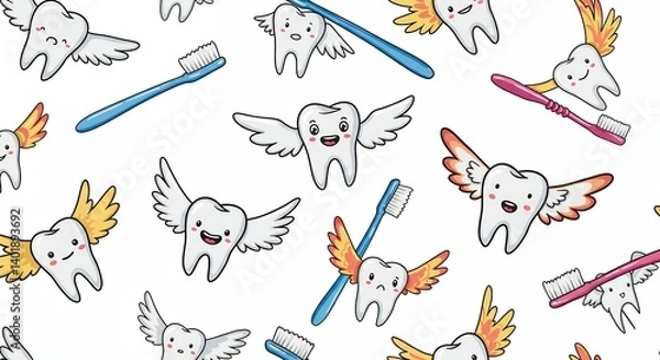Fototapeta Cute cartoon teeth with wings and toothbrushes pattern