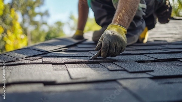 Fototapeta Roofing worker replacing damaged shingles on a roof. Featuring skill and safety