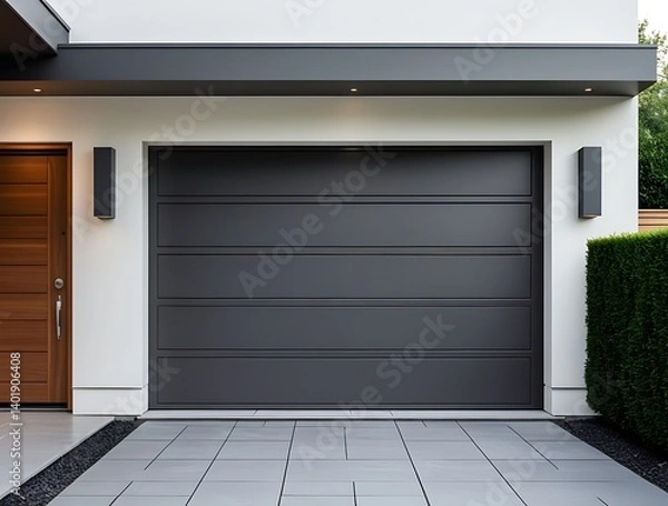Fototapeta Contemporary garage door and house entrance with minimalist design elements, smooth pavement, and modern materials suitable for property, architecture, and urban lifestyle


