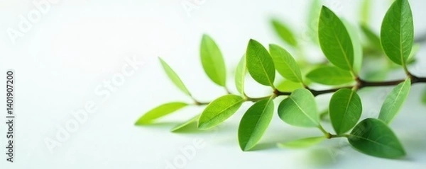 Fototapeta Delicate leaf clusters on a plain white surface, minimalist, greens